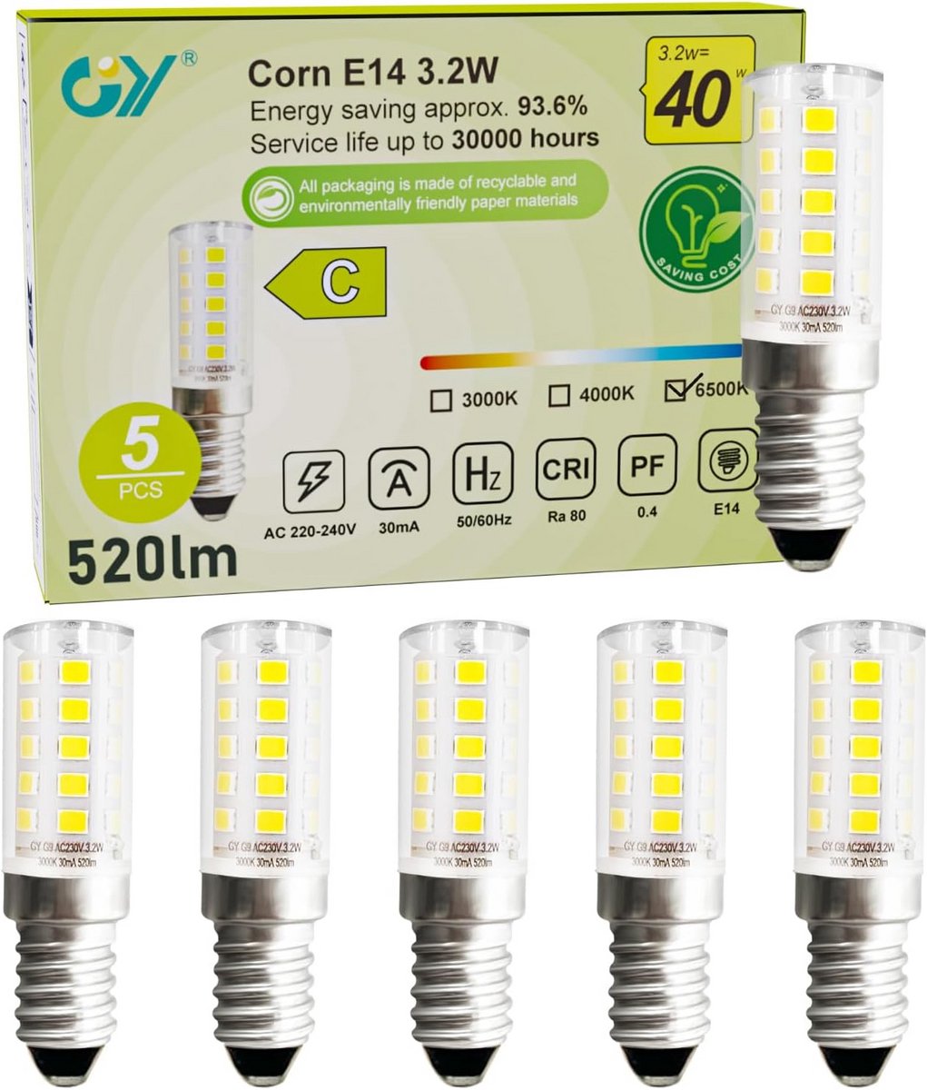 LED E14 Koelkastlamp 3,2W (40W equivalent) - 520 Lumen, Koudwit, 5 Stuks