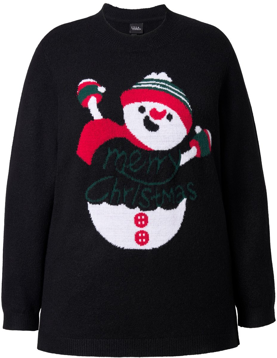 Ulla Popken - Dames - Trui kerstmotief opstaande kraag lange mouwen - Zwart - Maat 42+