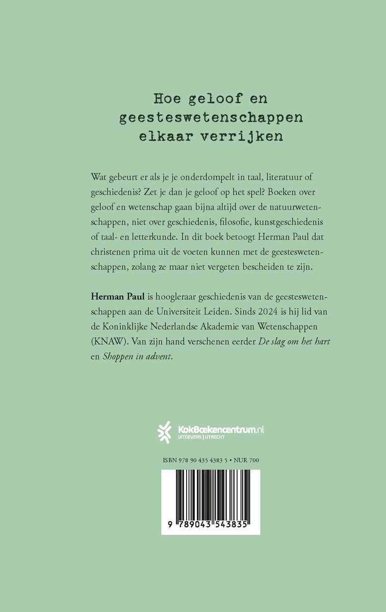 Achterkant van het boek 'Hoe geloof en geesteswetenschappen elkaar verrijken' door Herman Paul.