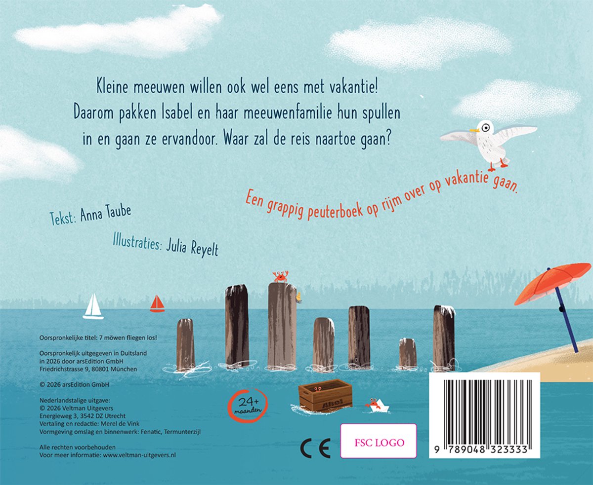 Achterkant boek: 7 meeuwen op vakantie. Met tekst, illustraties en uitgeverinformatie. Titel: Kleine meeuwen willen ook wel eens met vakantie!