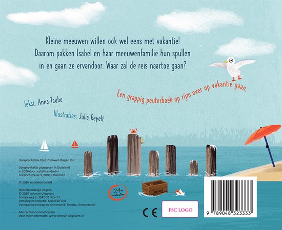 Achterkant boek: 7 meeuwen op vakantie. Met tekst, illustraties en uitgeverinformatie. Titel: Kleine meeuwen willen ook wel eens met vakantie!