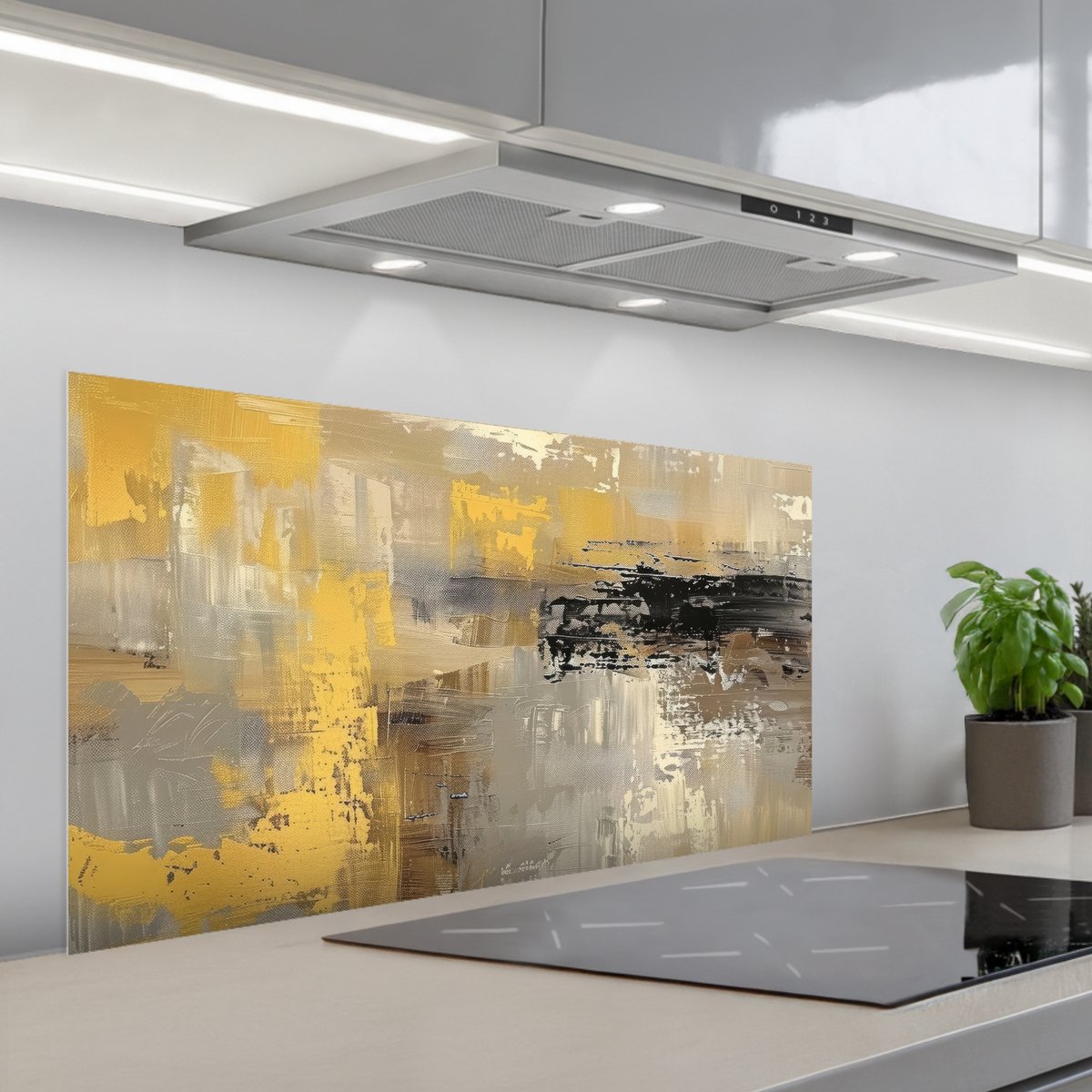 KitchenYeah Spatscherm 100x50 cm Zelfklevende achterwand Abstract Geel Modern Beige Keuken muurbeschermer Spatwand fornuis