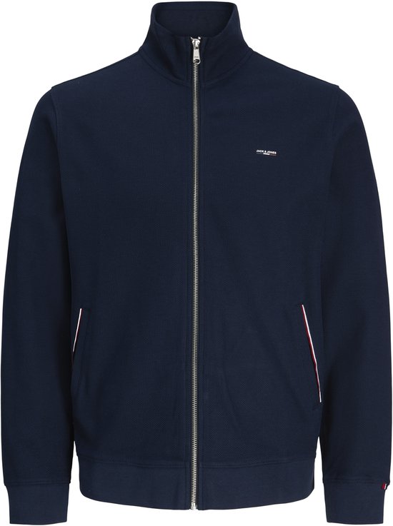 Donkerblauw vest met ritssluiting, gestructureerd design, opstaande kraag en JACK & JONES logo op de borst.