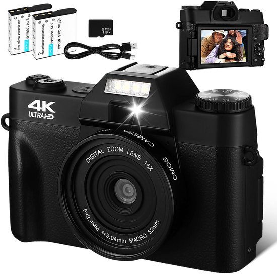 Digitale Camera met 3" Draaibaar Scherm - 75MP Foto & 4K Video - Ideaal voor Vloggen en Fotografie