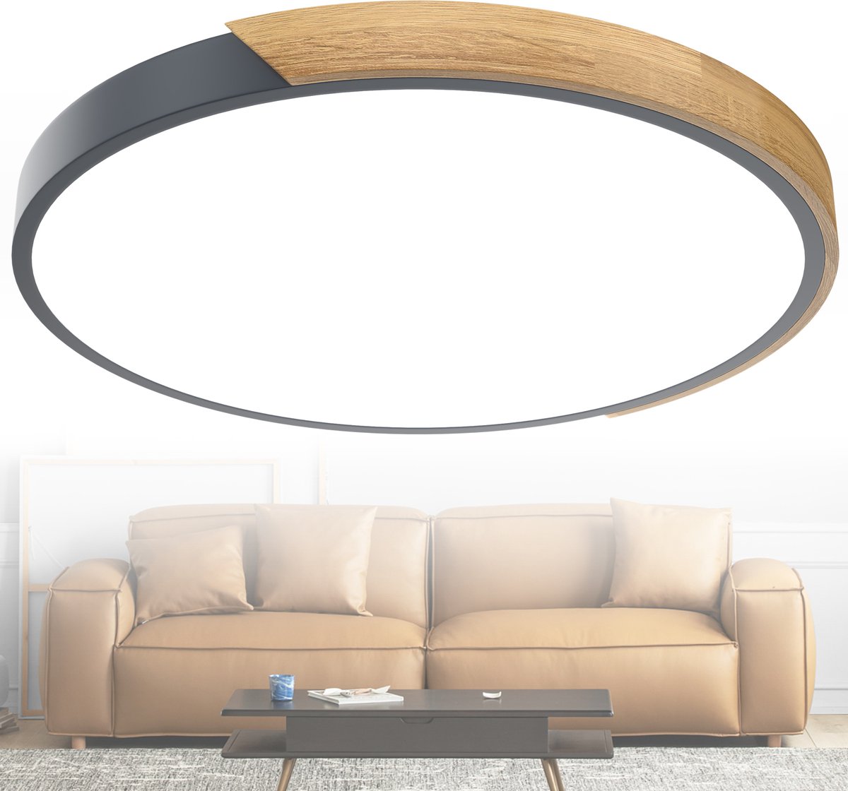 Plafondlamp hout LED-plafondlamp hout Moderne plafondlampen Rond Lampen Plat Woonkamerlamp Slaapkamerlamp Lamp hout voor hal Keuken Lounge Balkon - Grijs frame - 96W Koud wit