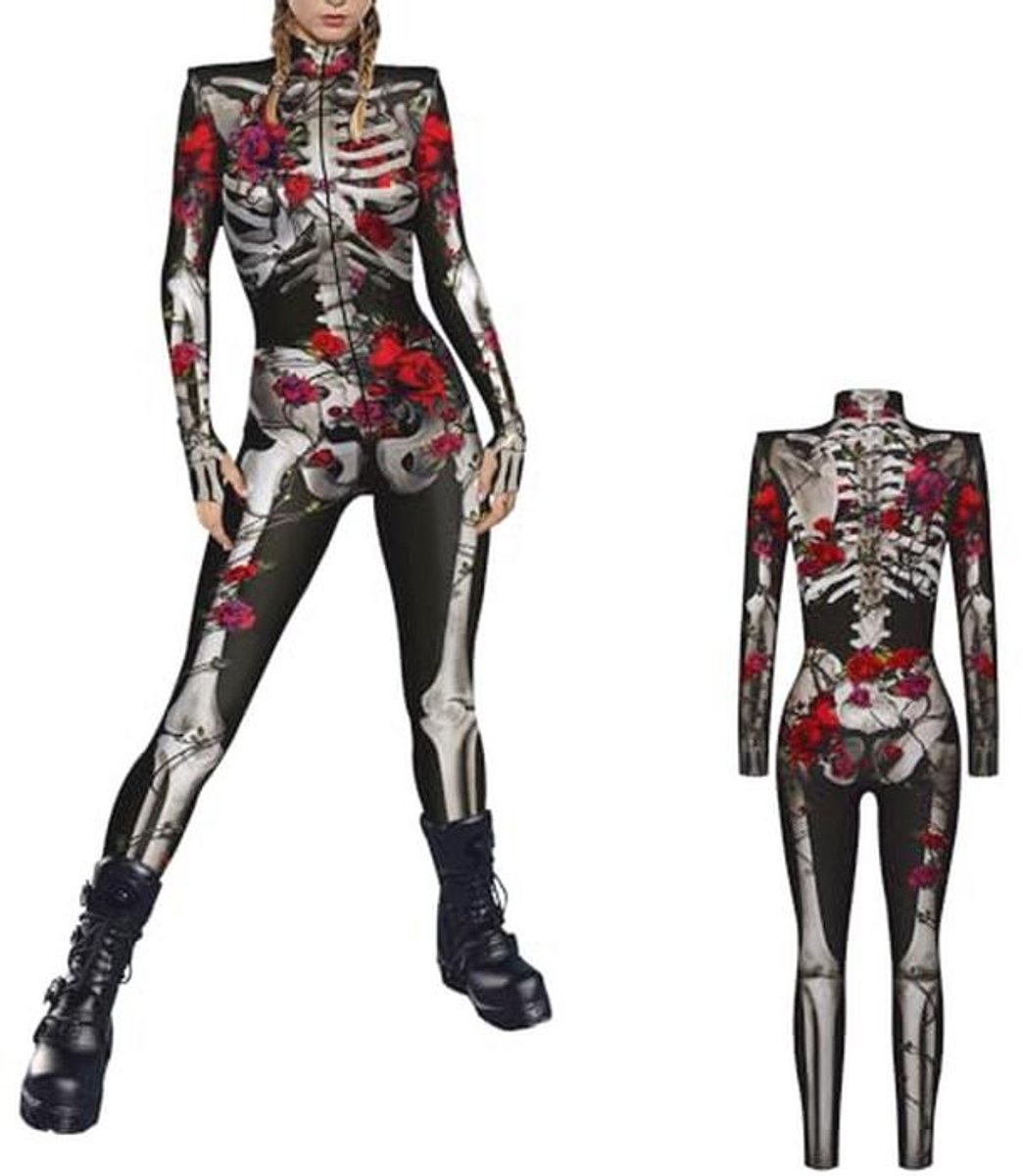 Halloween Jumpsuit Dames Skelet Kostuum 3D-Print Lange Mouwen Skinny Catsuit