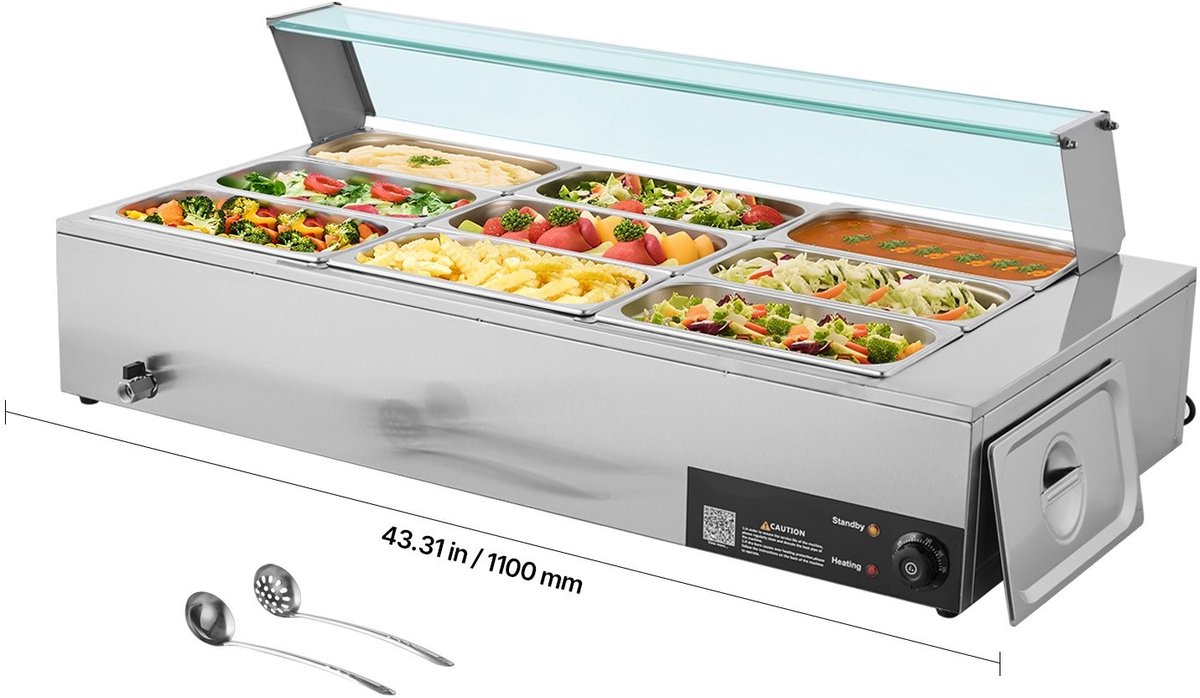 Commerciële Voedselverwarmer - Elektrische Bain-Marie / Chafing Dish - 9x GN 1/3 Bakken - 1,5 kW - RVS - Glazen Deksel - Soeplepel Inbegrepen - Voor Buffet & Catering