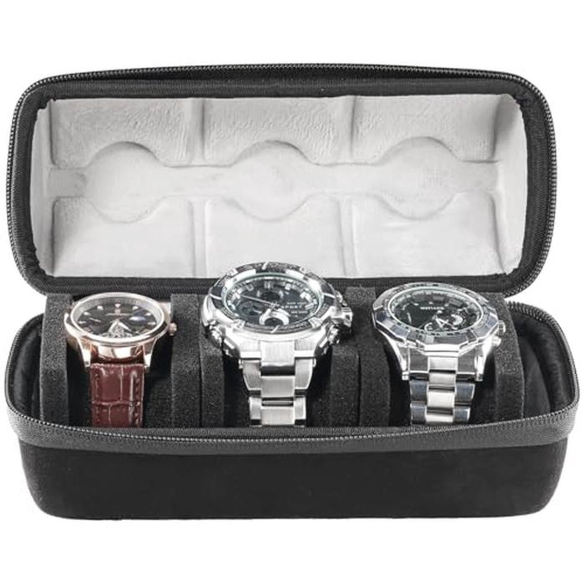 Reis Horlogehouder met 3 Slots - Draagbare Horloge Box met Clip en Schokdempende Cover - Zwart Grijs