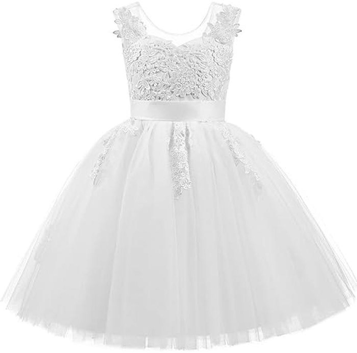 Bruidsmeisjesjurk voor Meisjes - Elegante Kant en Tule, V-rug, Wit, 2-3 Jaar