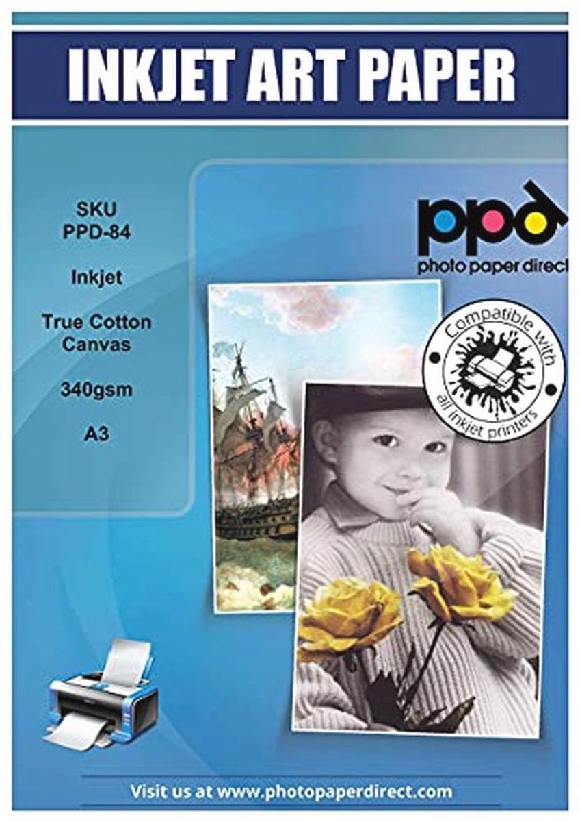 PPD A3 x 10 vel Inkjet Canvas Fotopapier 340g Wit Mat, Gemaakt van 100% Katoen, Bedrukbaar met alle Inkjetprinters PPD-59-10