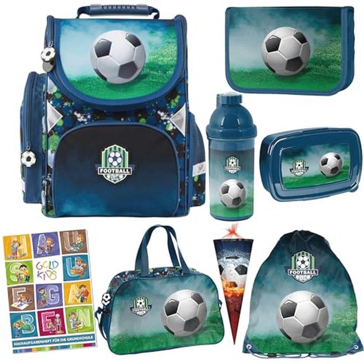 Schooltas jongens | Rugzak met pennenetui en schoenentas | Voetbalmotief | Klasse 1-3