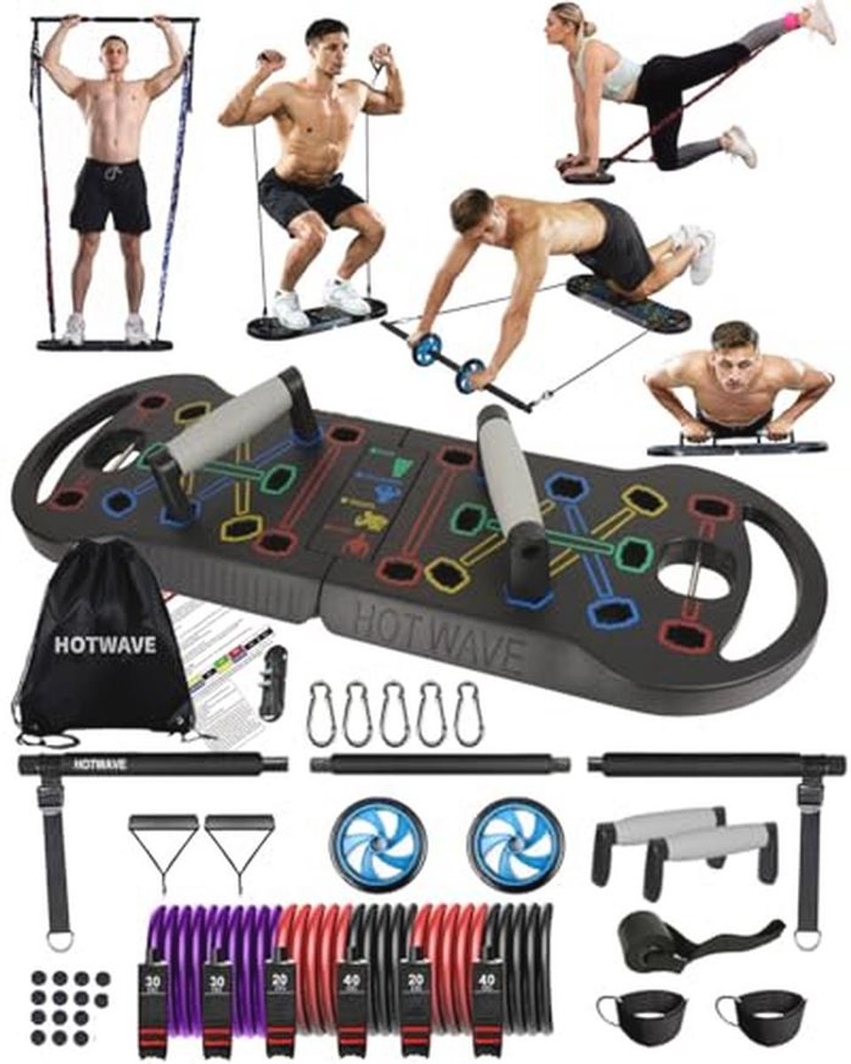 Draagbare fitnessapparatuur met 16 accessoires - 20-in-1 push-up board, weerstandsbanden en buik-rolwiel