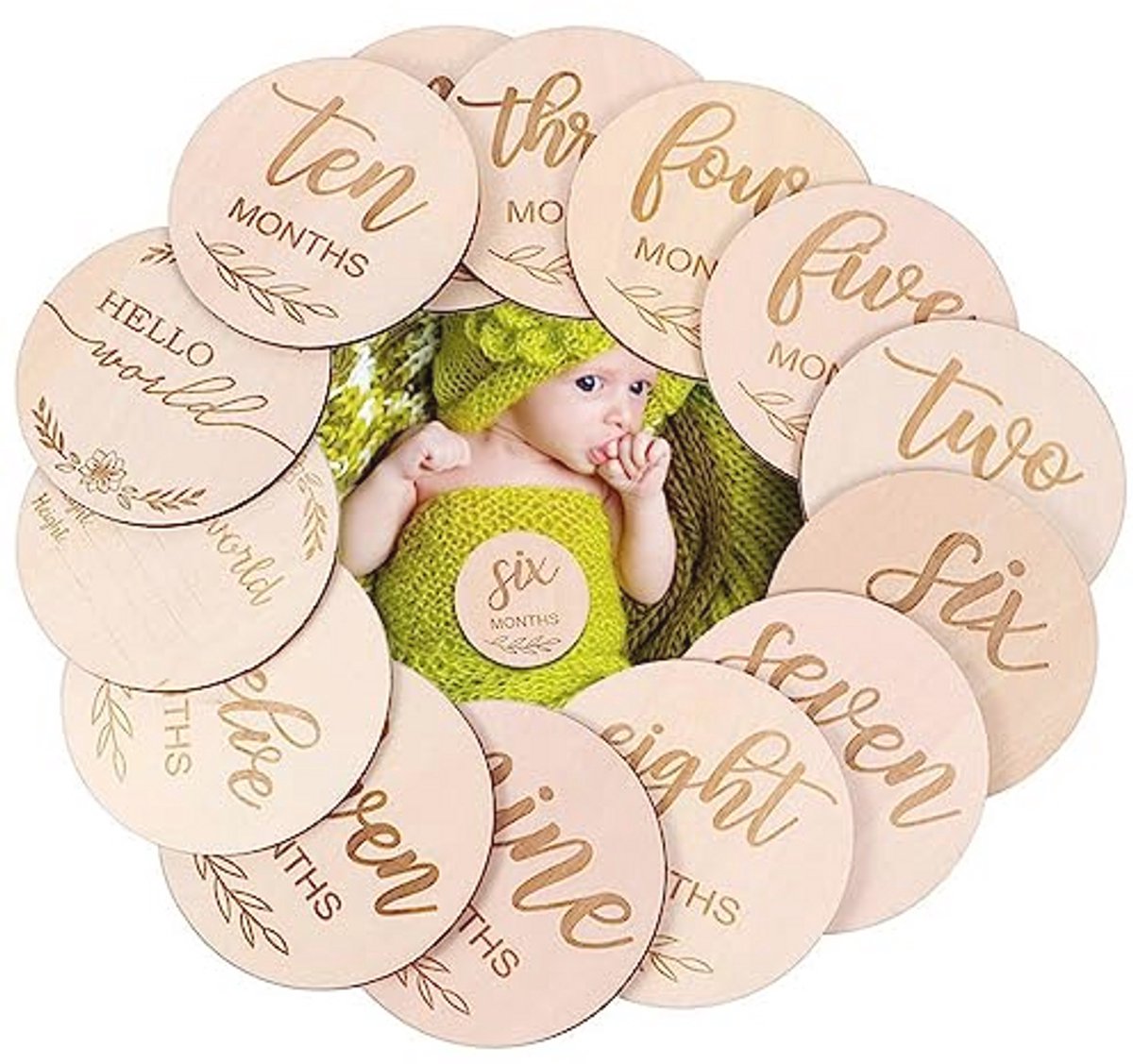 Houten mijlpaalkaarten voor baby's - 12 dubbele gegraveerde ronde kaarten - Perfect als cadeau voor geboorten en babyfeestjes
