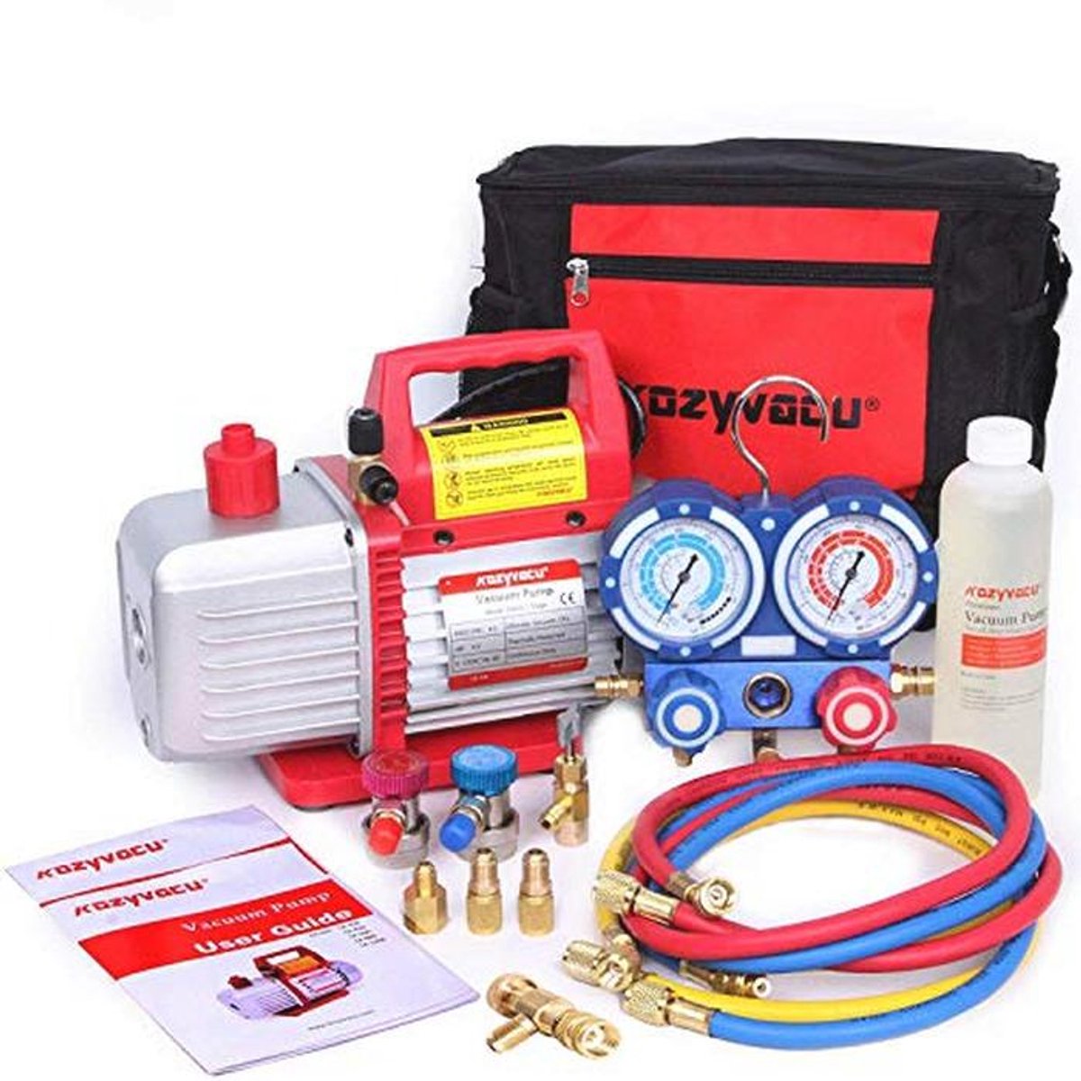 Complete Set voor AC Reparatie - 4.5 CFM Vacuüm Pomp, Manifold Manometer, Hoses en Accessoires voor R134a Koeling