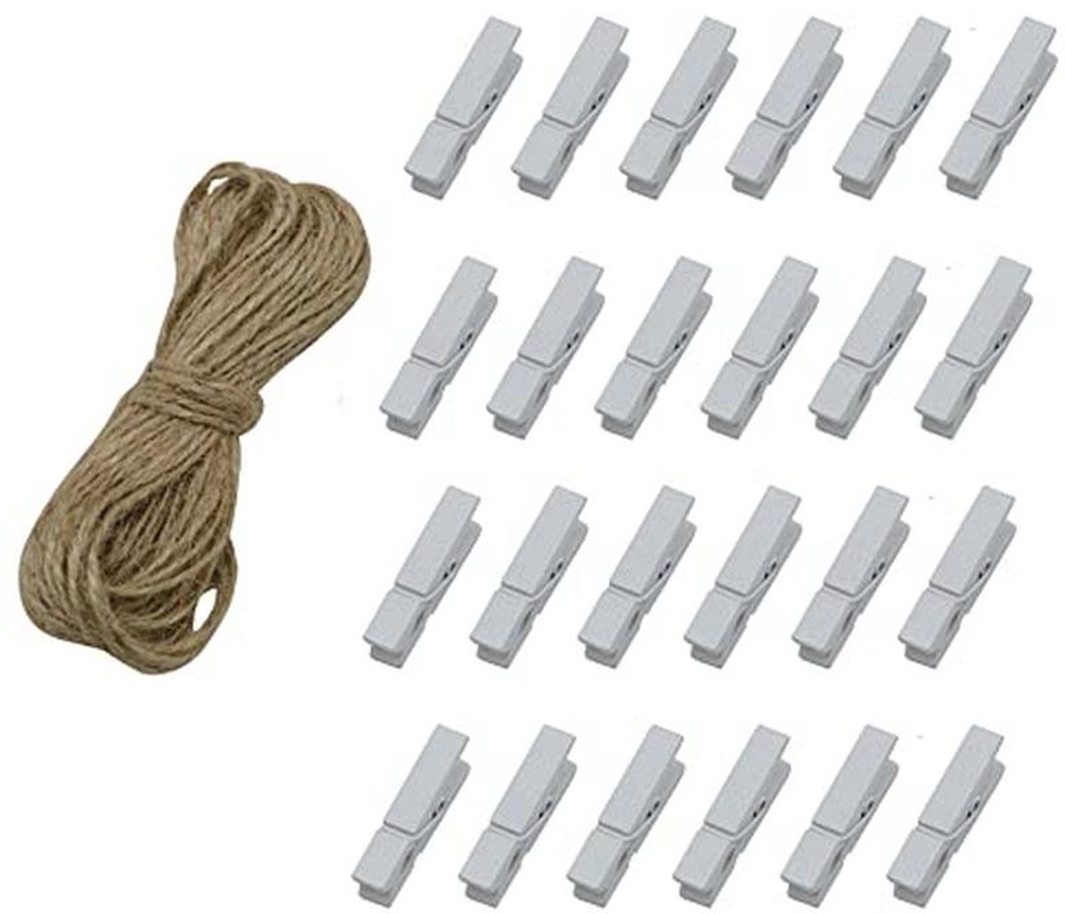 Yansanido Mini wasknijpers 100 stuks 1,3 inch (3,5 cm) stevige witte houten mini fotoclips met 33 voet jute touw multifunctionele kleine wasknijpers voor foto's ambachten papier pin decor (wit)