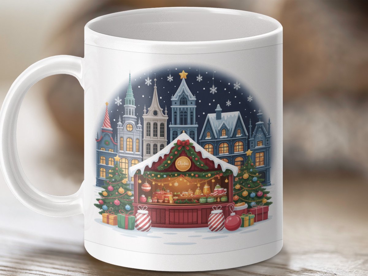 Mok Kerstmarkt Kersthuisjes, Kerstboom Kerstcadeaus, Feestdagen Mok, Winter Dorp Mok, Kerst Decor Mok, Thee Koffie Mok, Cadeau Idee