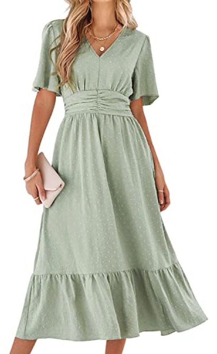Zomerjurk Dames Boho Elegant V-hals Hoge Taille Maxi-jurk Korte Mouwen