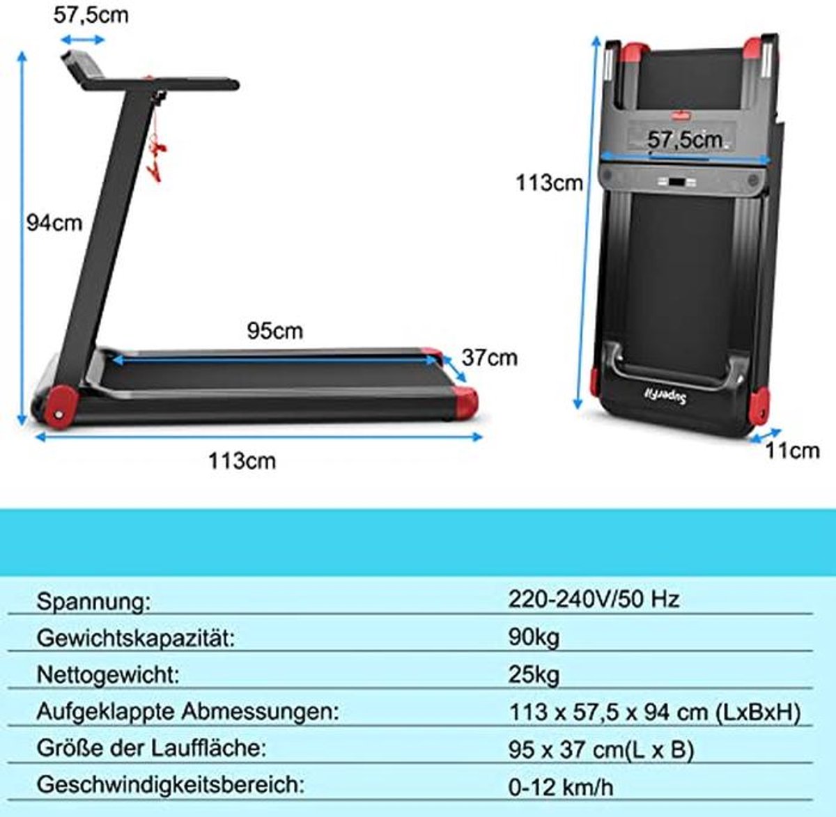 Inklapbare Elektrische Loopband 12 Programma's, Bluetooth, LED thumbnail 5
