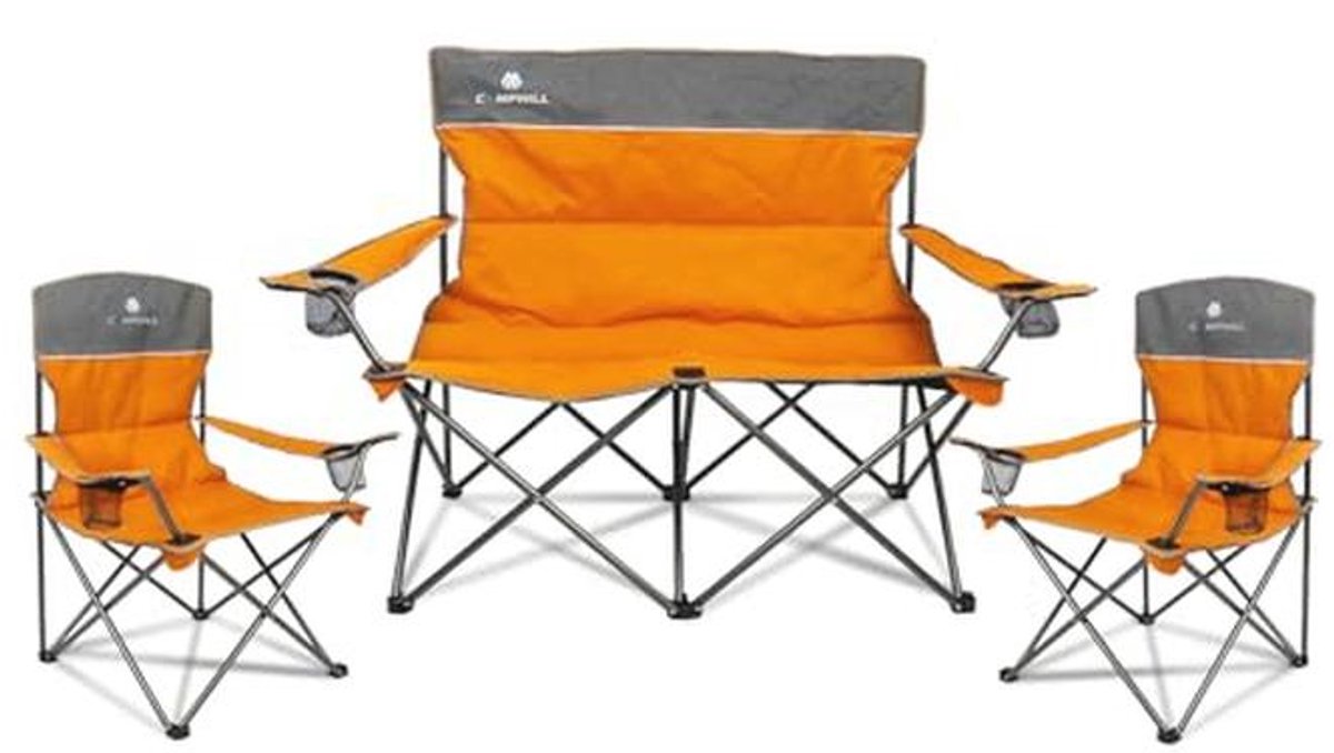 Set van 3 Opvouwbare Campingstoelen voor Zware Mensen met Bekerhouder en Draagtas - Inclusief Bankstoel en Twee Enkele Stoelen