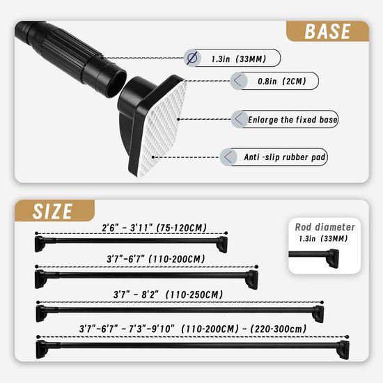 Heavy Duty Spanstang - 33 mm stalen kledingstang en gordijnroede 110-250 cm, telescopische paal zonder boren, ondersteunt 50 kg, multifunctioneel om te drogen, op te hangen, badkamer, keuken