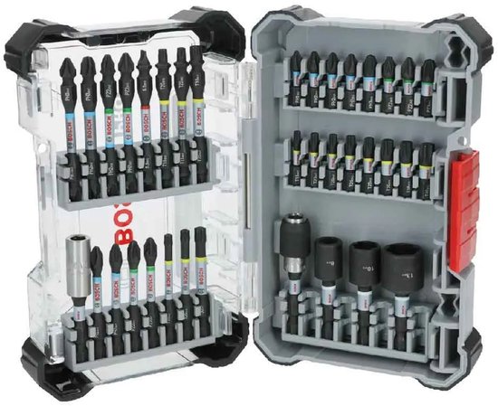 Boîte Bosch PRO Impact Set ouverte montrant 36 embouts, diverses douilles et un porte-embout.