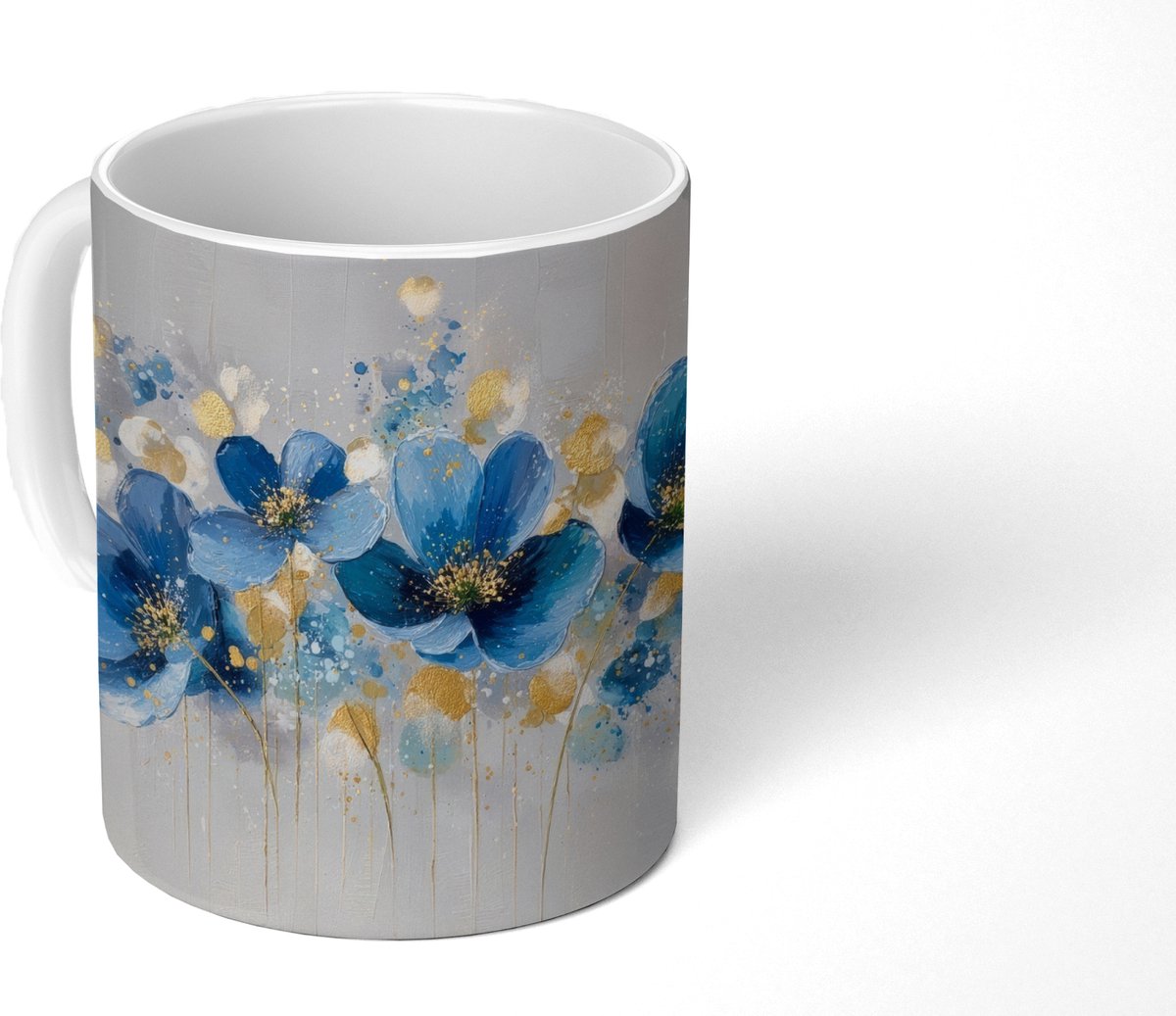 Mok - Koffiemok - Bloemen - Blauw - Abstract - Mokken - 350 ML - Beker - Koffiemokken - Theemok