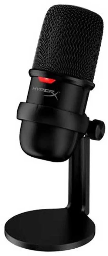 Zwarte USB-microfoon met rood lampje, gaasfront, kantelbare standaard.