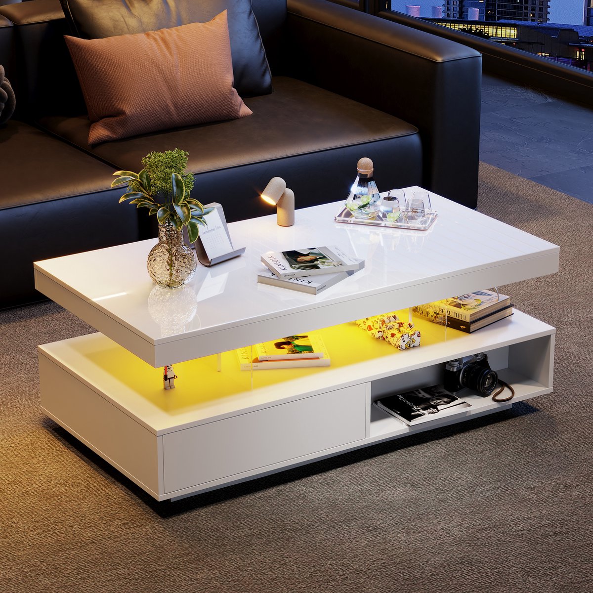 Clruro Witte Hoogglans Salontafel - 95x50x42,5 cm - 4 Glasplaten - 2 Lades en 2 Open Compartimenten