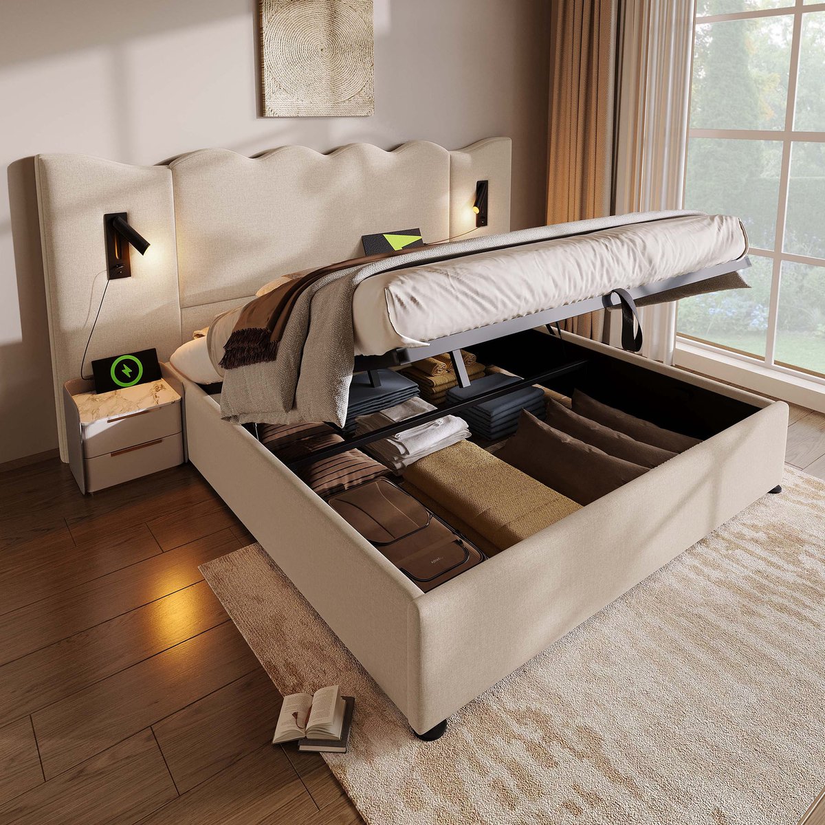 OKWISH Gestoffeerd Bed 180x200cm - met Leeslamp en USB/Type-C - Hydraulische Opbergruimte