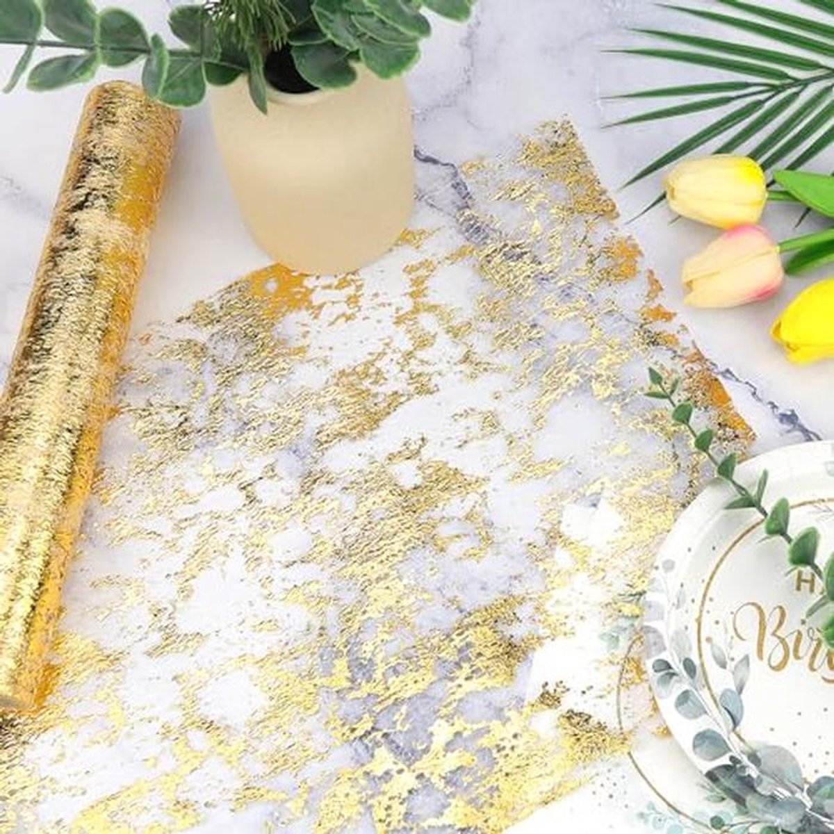 Gouden Tafelloper Set voor Feesten en Decoratie - 10m x 28cm Glitter Tule