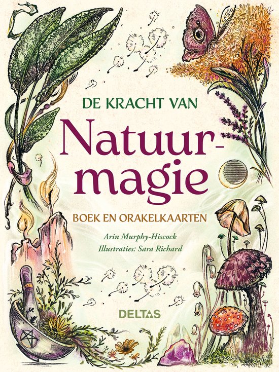 Couverture de livre avec le titre 'De kracht van Natuur-magie', illustrée de plantes, champignons, bougies et un papillon.