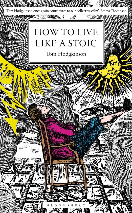 Boekomslag 'Hoe te leven als een stoïcijn' met een man die languit in een stoel ligt, met een zon en maan aan de hemel.