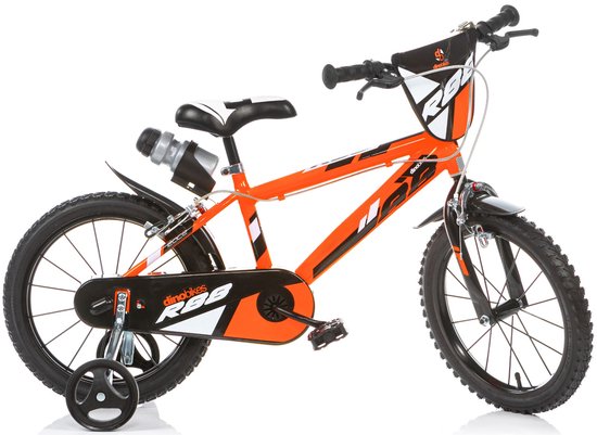 Oranje kinderfiets met zwarte accenten, "R88" logo op het frame en "dinobikes" op de kettingkast.
