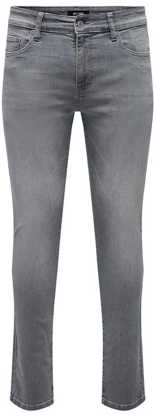 Grijze damesjeans met een slanke pasvorm, gezien vanaf de voorkant.