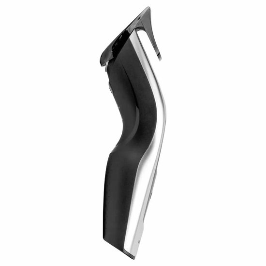 Zijzicht van de zilverkleurige Philips tondeuse met zwart detail.