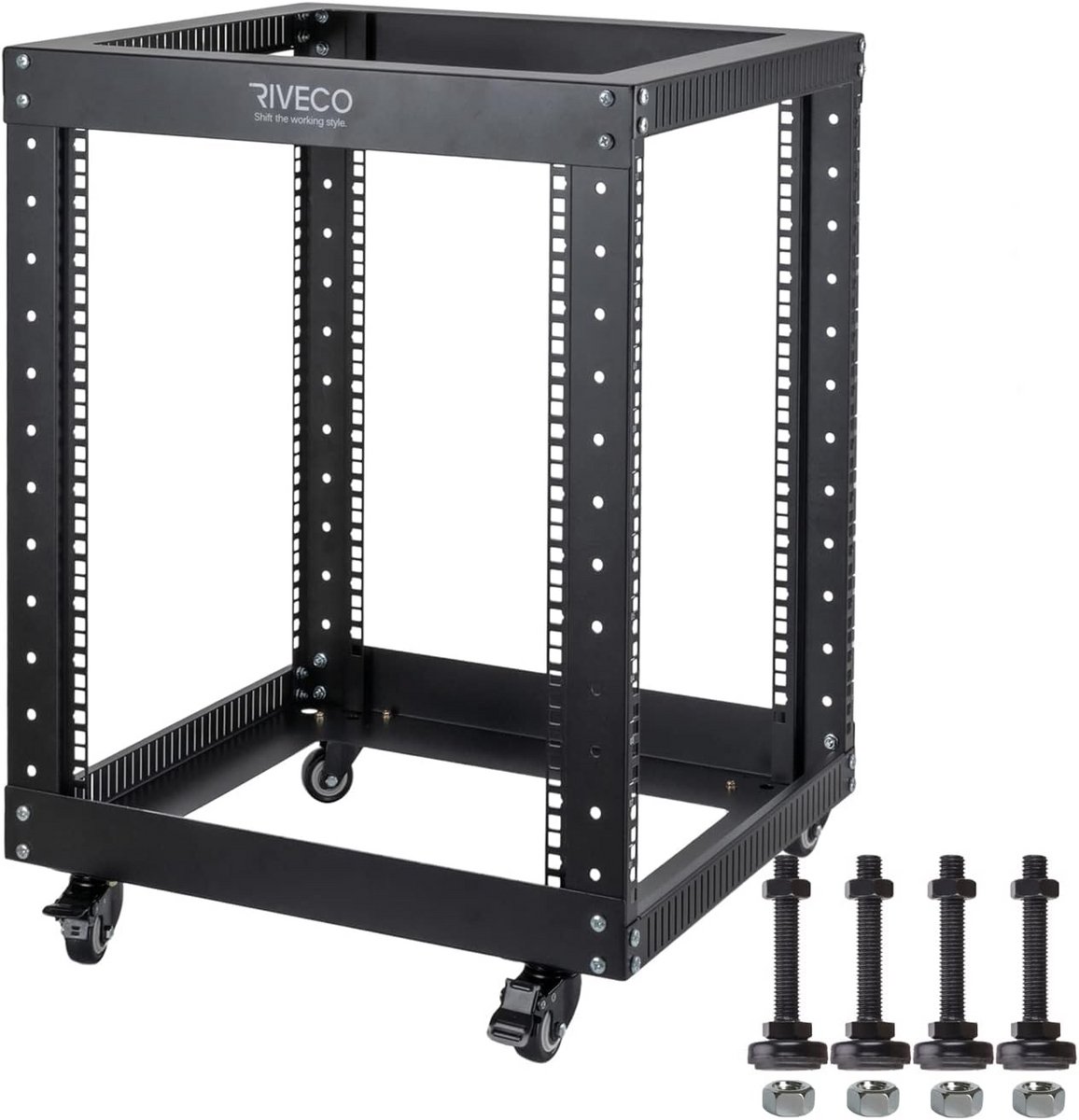12U Server Rack Open Frame 4 Post met Wielen - 19 inch Netwerk Meetkast Zwart