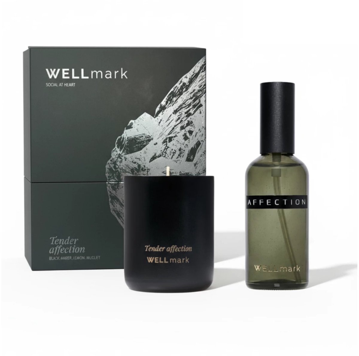 Wellmark giftbox scented duo: roomspray 100ml + kaars 210gr - tender affection midnight green