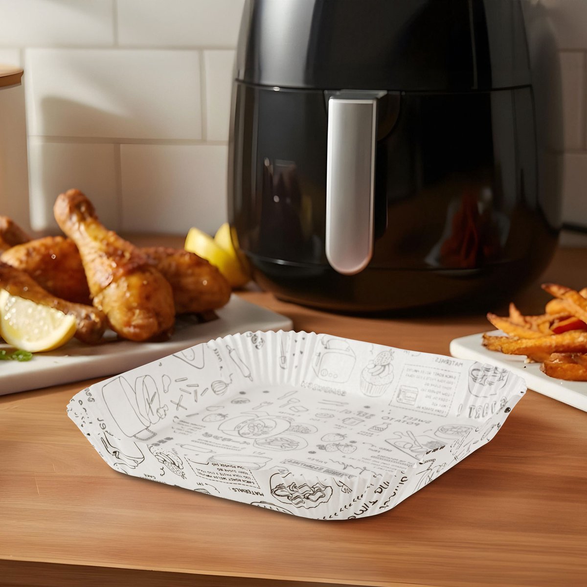 Airfryer Bakpapier Vierkant Met Patroon – Voor Olievrij Koken – Anti Aanbak Parchment Papier – 20 X 20 Cm – 50 Stuks – Hittebestendig Tot 220 °C – Geschikt Voor Airfryer Oven En Magnetron – Wegwerp Gebruik [BW1031A]