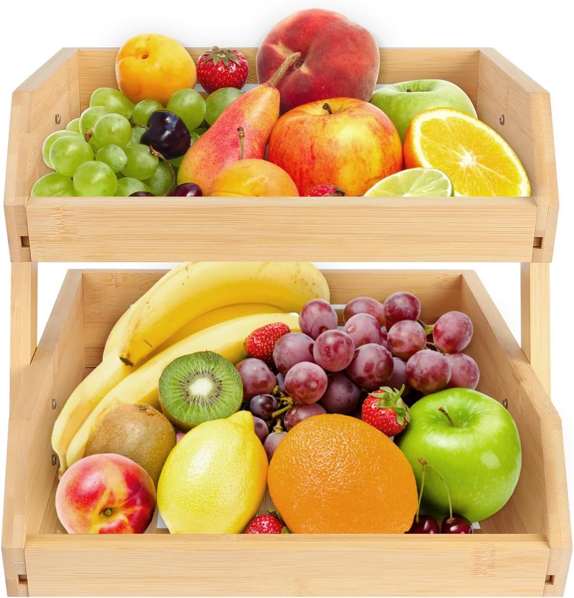 Fruitmand met 2 niveaus van bamboe voor keuken en tafel