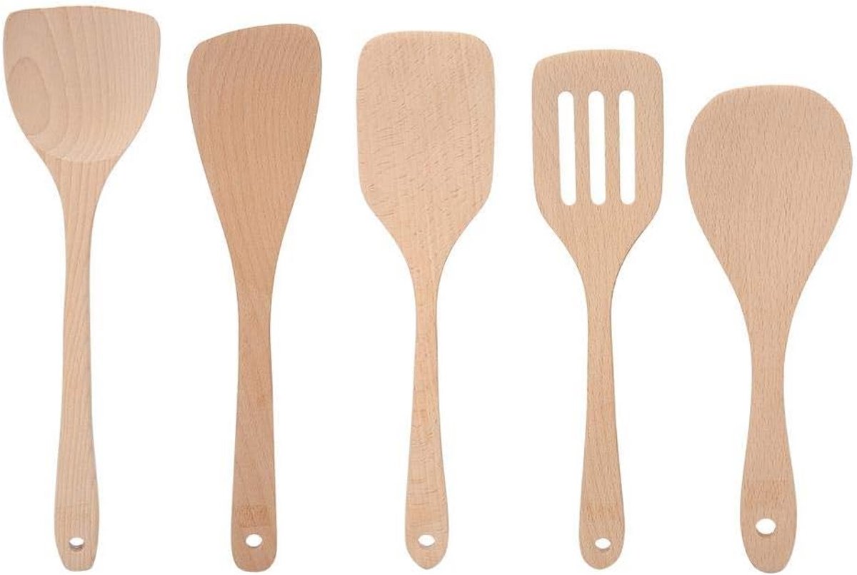Houten Spatelset 5 Stuks 100% Natuurlijk Hout Keukengerei voor Pannen