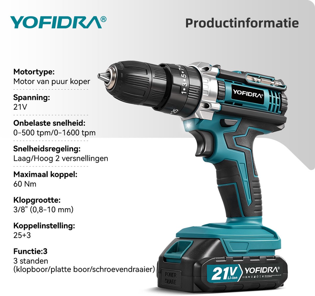 Yofidra Accuboormachine - 60Nm Accuschroevendraaier - 21V Accu Schroefboormachine - 25+3 Standen - 2 Snelheden - Gereedschapskit - voor Thuis & Klussen – foto 2