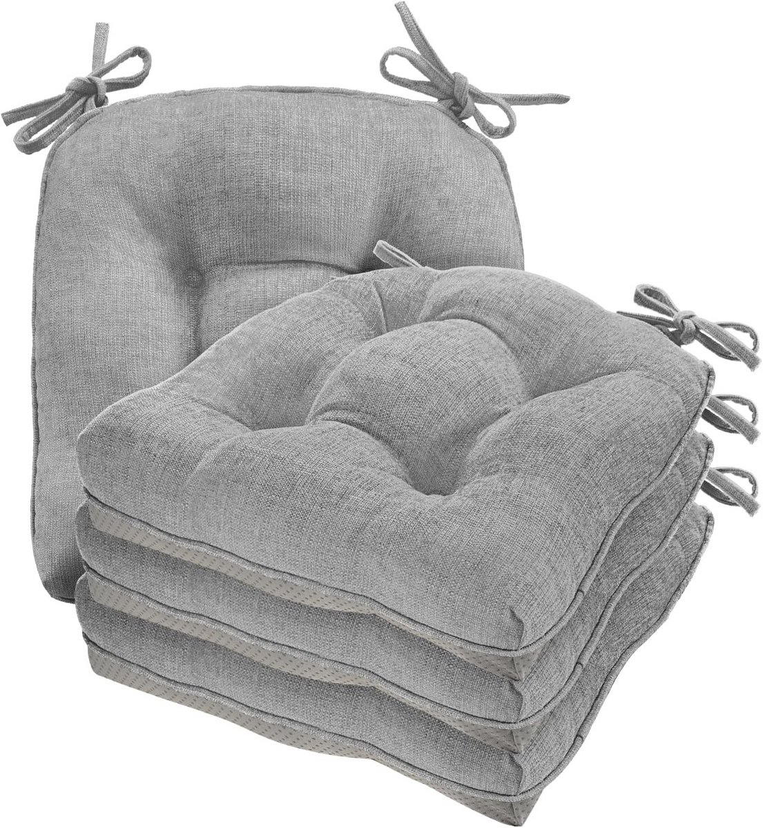 Set van 4 stoelkussens 43x43 cm - antislip met verstelbare banden - traagschuim voor keuken- en eetkamerstoelen - lichtgrijs
