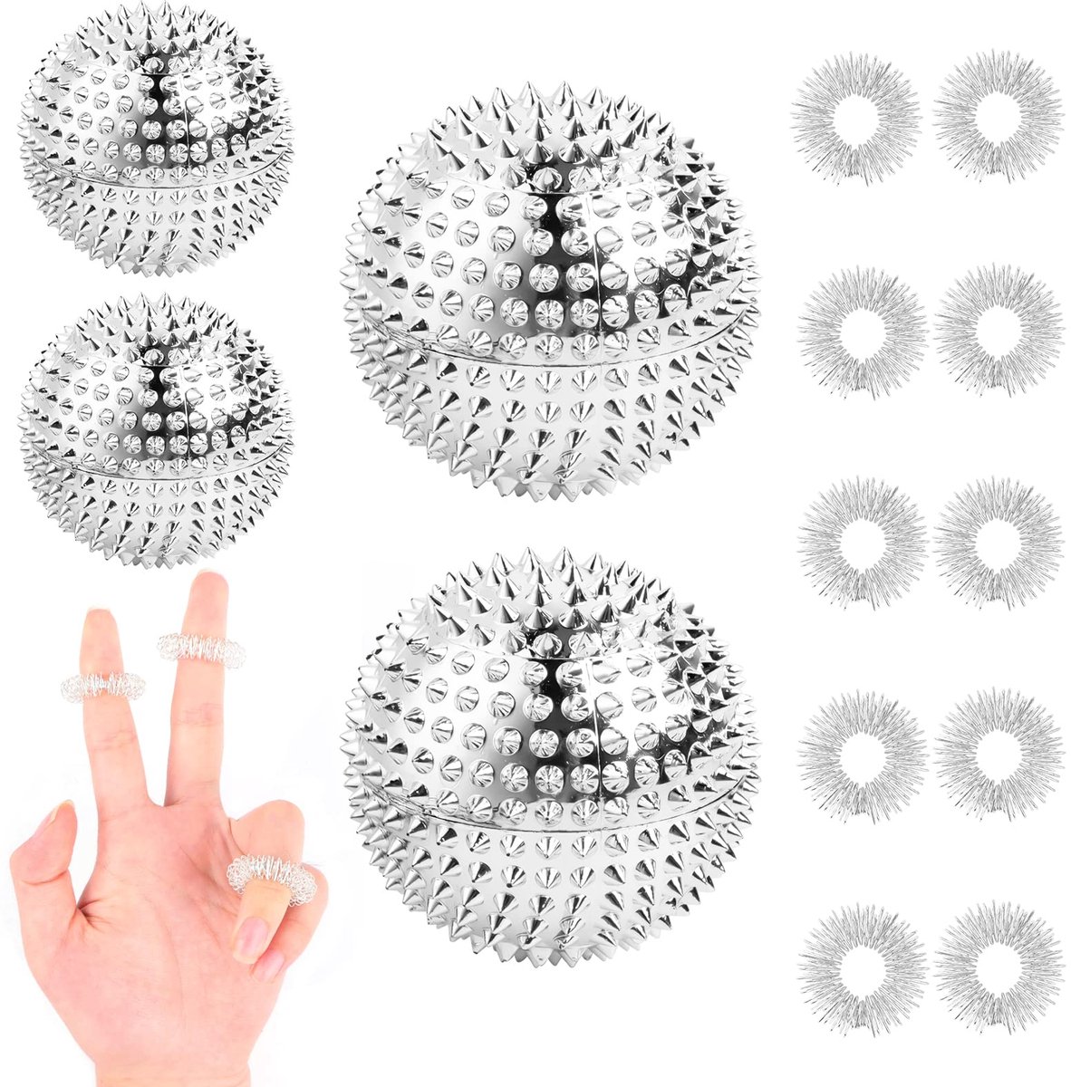 IMPERATORIS® 4 Massage Ball met 10 Massageringen - Trigger Point Ball - Spiky Ball for Foot Massage and Back - Physiotherapy and Recovery - Kunststof - 4.7 cm - Zilver