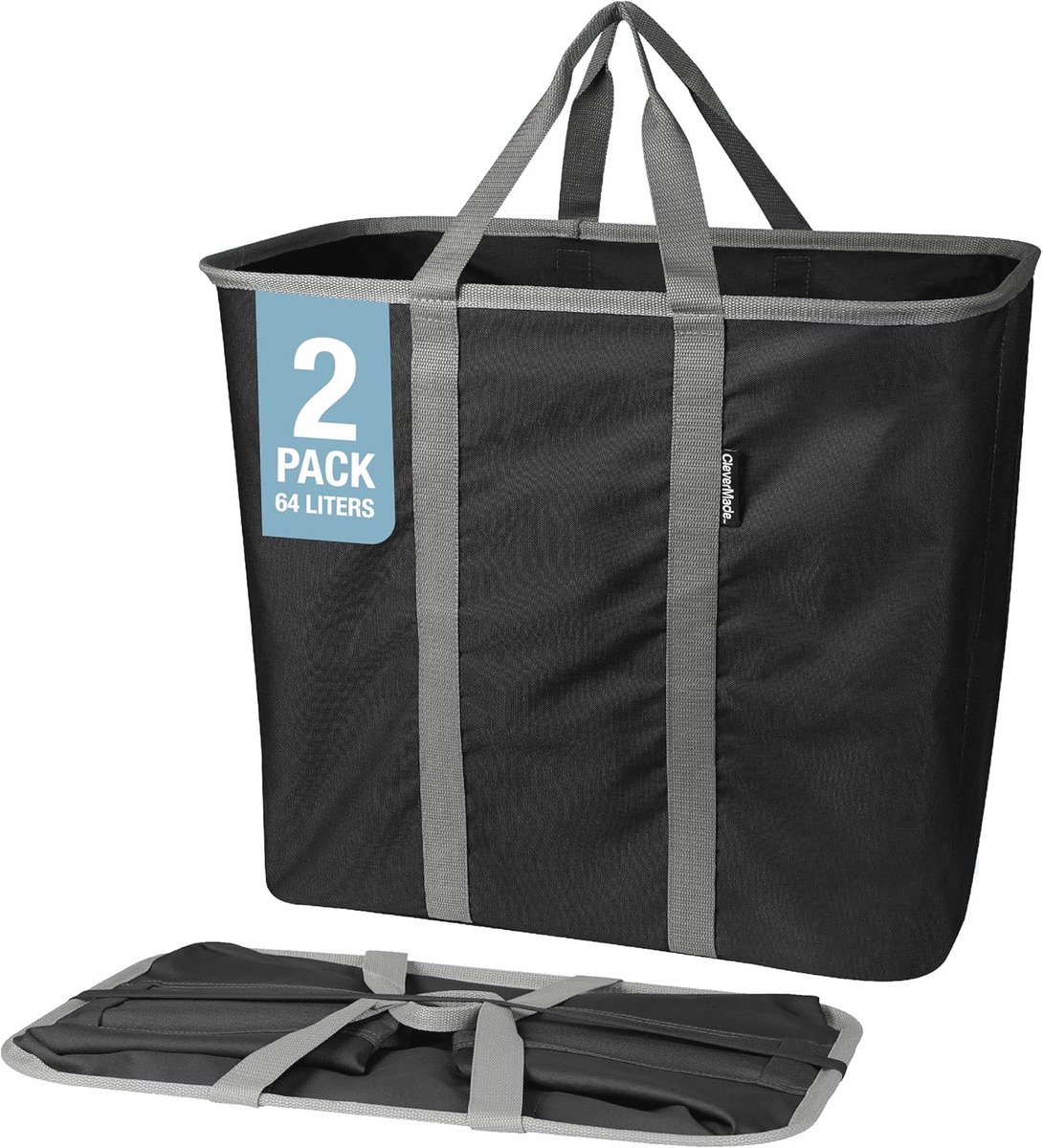Vouwbare Wasbak, 64L - Set van 2, Ruimtebesparende Wasmand met Stevige Opklapbare Frame en Lange Handvatten