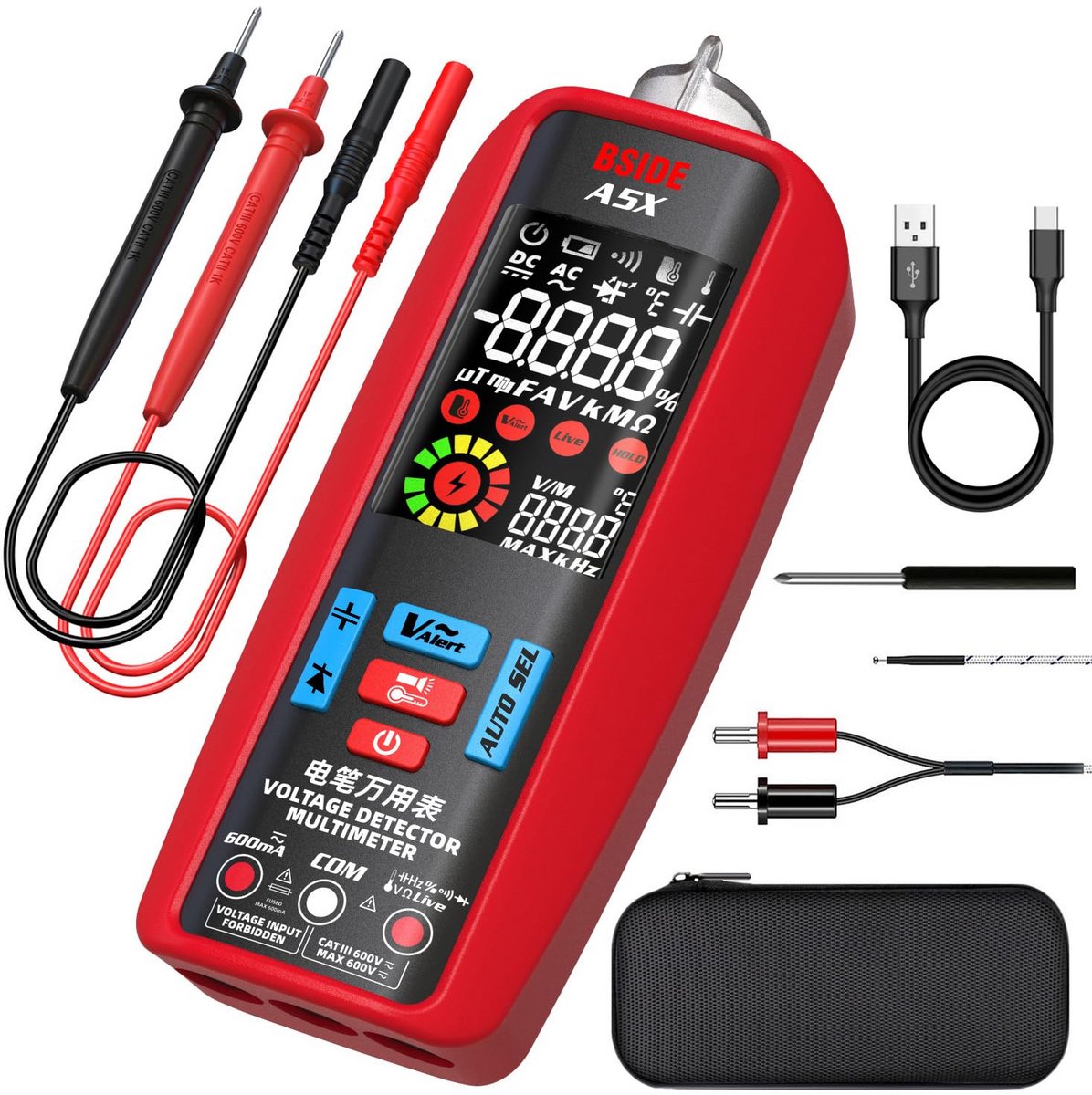 Intelligente Digitale Multimeter A5X – Automatisch Meten van Spanning, Stroom, Weerstand en Temperatuur – LCD-kleurendisplay met NCV en VFC – Oplaadbaar voor Automotive en Workshop