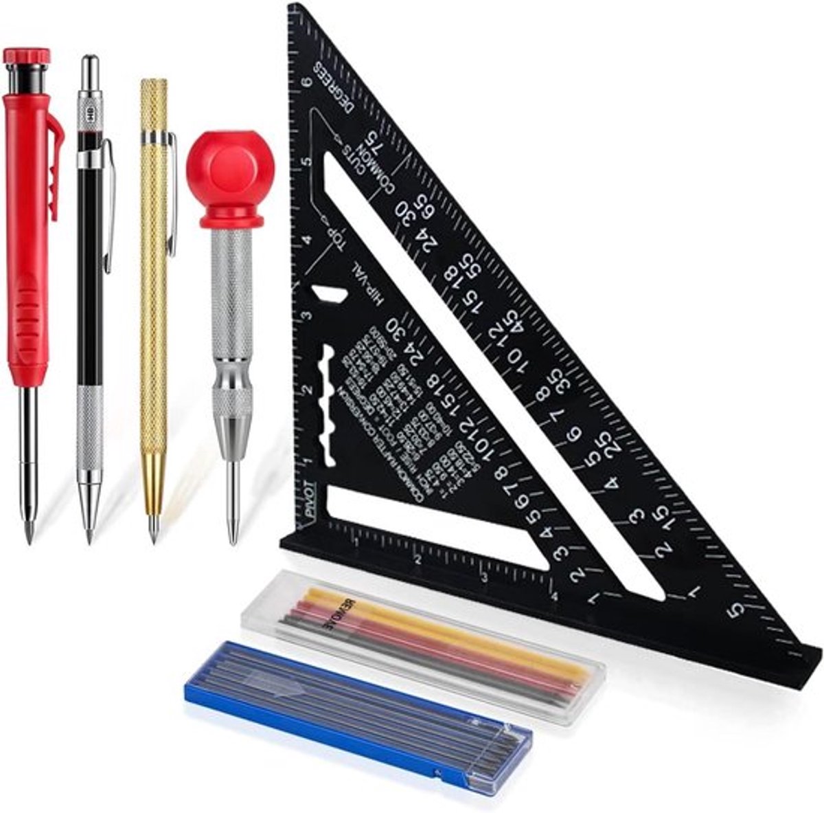 Multifunctionele 180 mm timmermanshoek met gradenboog, stophoek en diepe gatmarkering