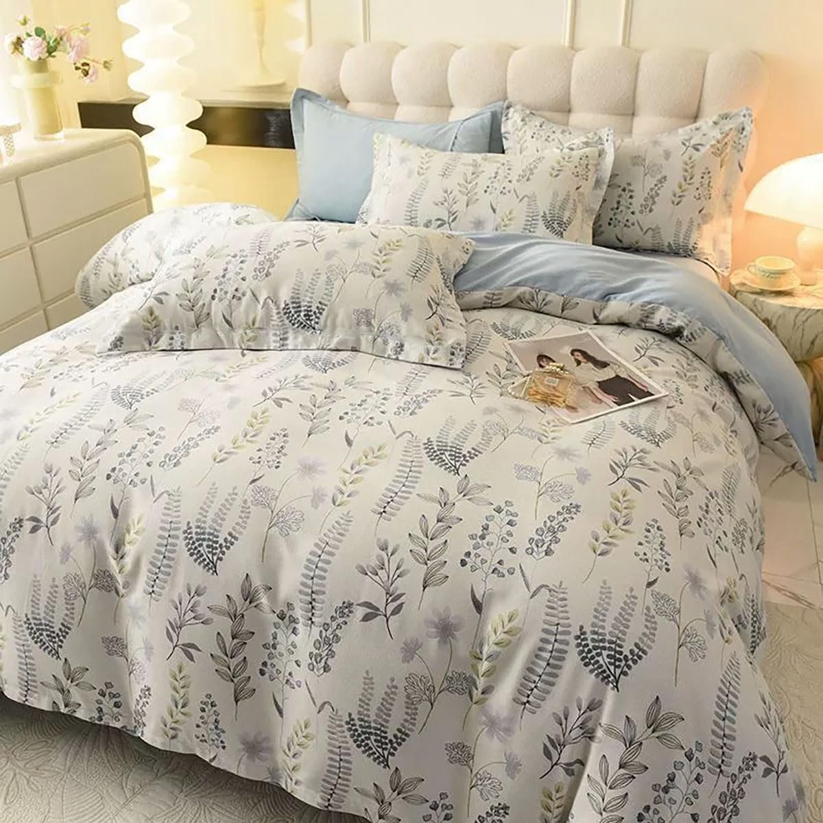 Ibenzoa Ademende blauwe bloemen dekbedovertrekset met rits en kussensloop Beige