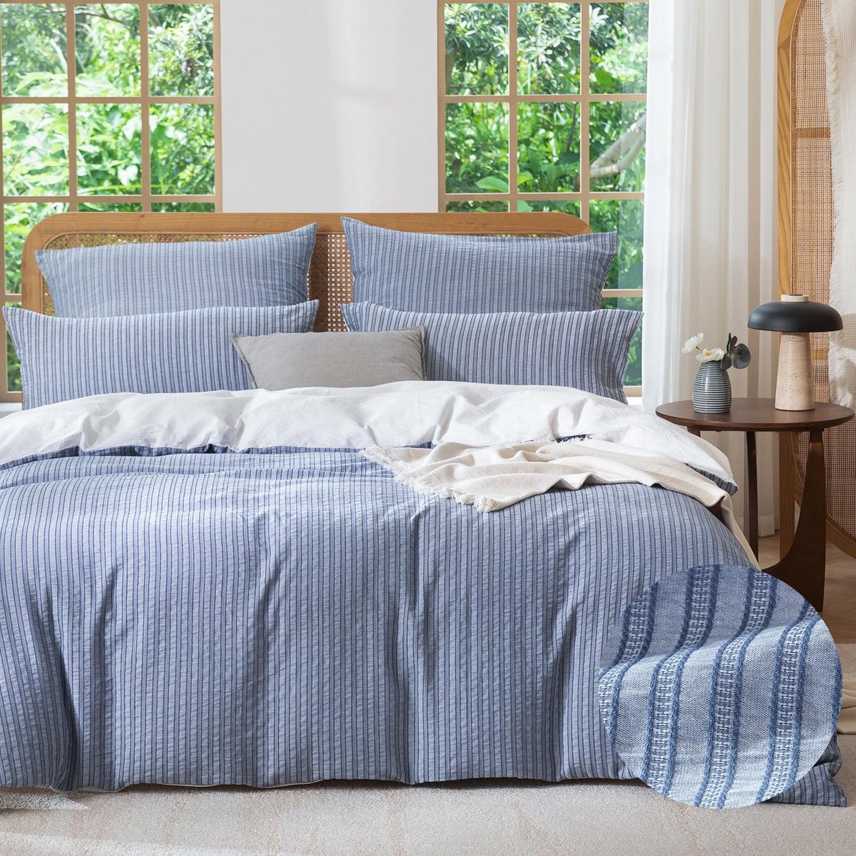 Unyqoos Stijlvolle 4-delige beddengoedset van gewassen katoen met jacquard textuur 200 x 135 Blauw wit