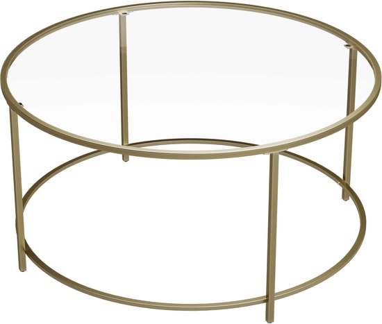 Ronde bijzettafel met glazen blad en goudkleurig metalen frame.