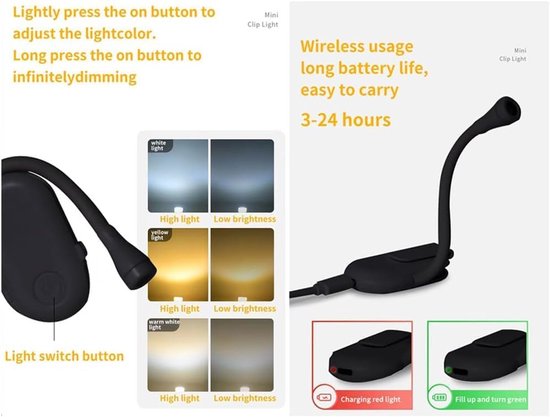 Universele, via USB oplaadbare leeslamp, warm witte LED-clip voor leesbedden, instelbare helderheid, oogvriendelijk leeslampje voor gebruik 's avonds (zwart). van Merkloos — afbeelding 4